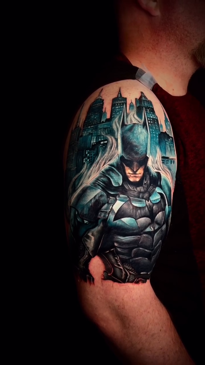 Batman in Gotham City realism tattoo by Keebs