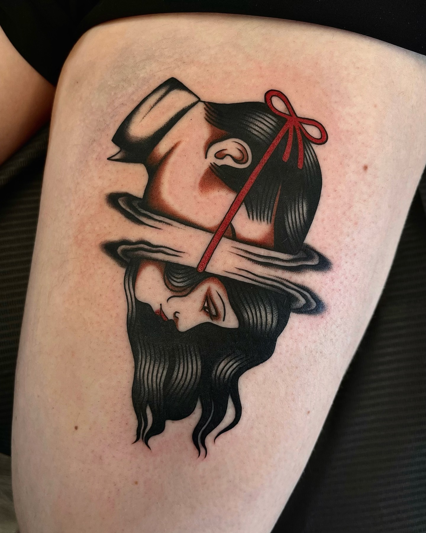 Geisha American traditional tattoo on the thigh by 𝒟𝑜𝓃𝓃𝒶 𝒥 ࿏ Portland Tattoo Artist