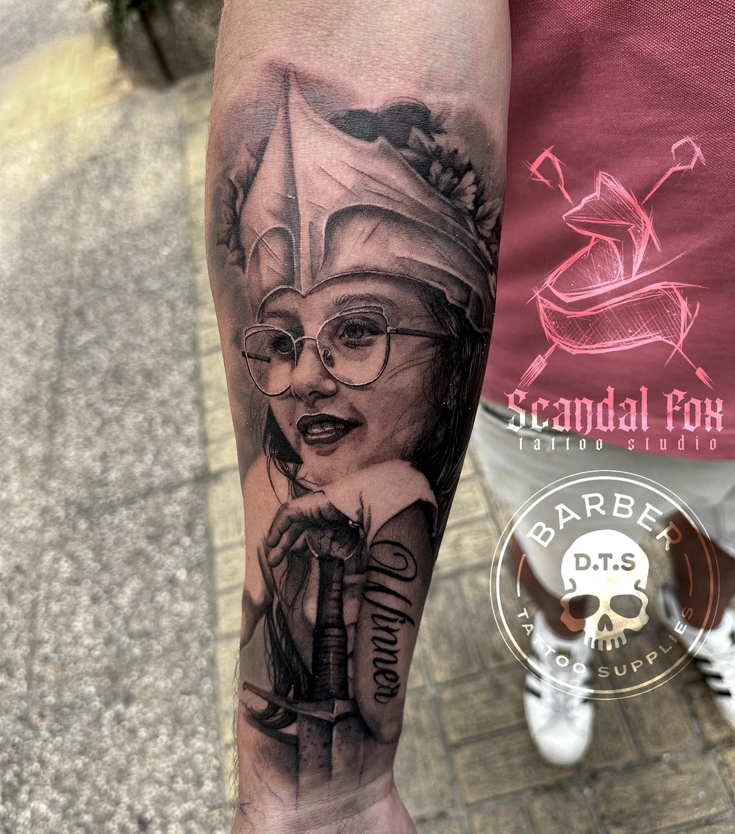 Woman with glasses realism tattoo on the forearm by πΈπππ πππ€