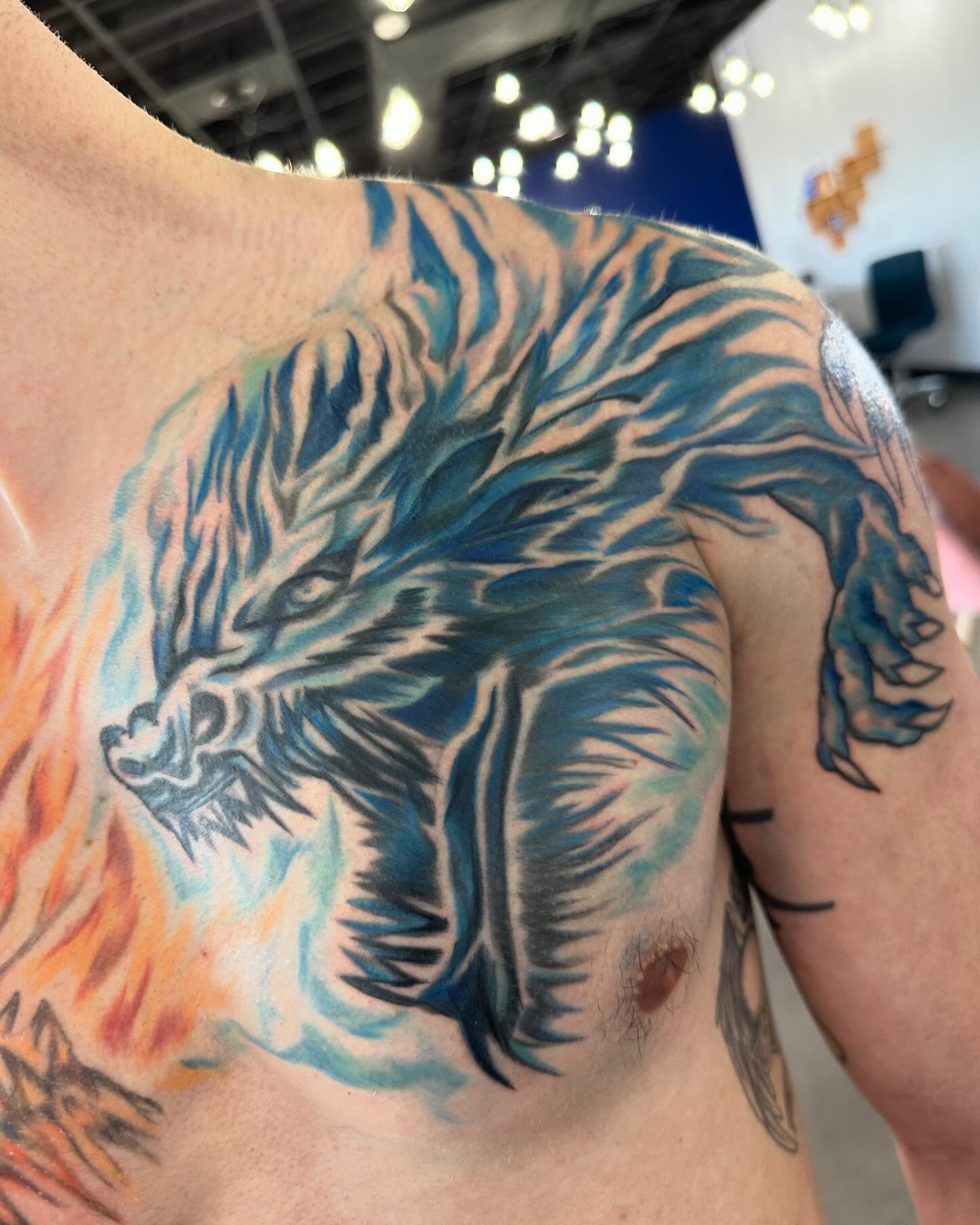 Wolf realism tattoo on the chest by Cameron Hobbs, Woodbridge, Virginia
