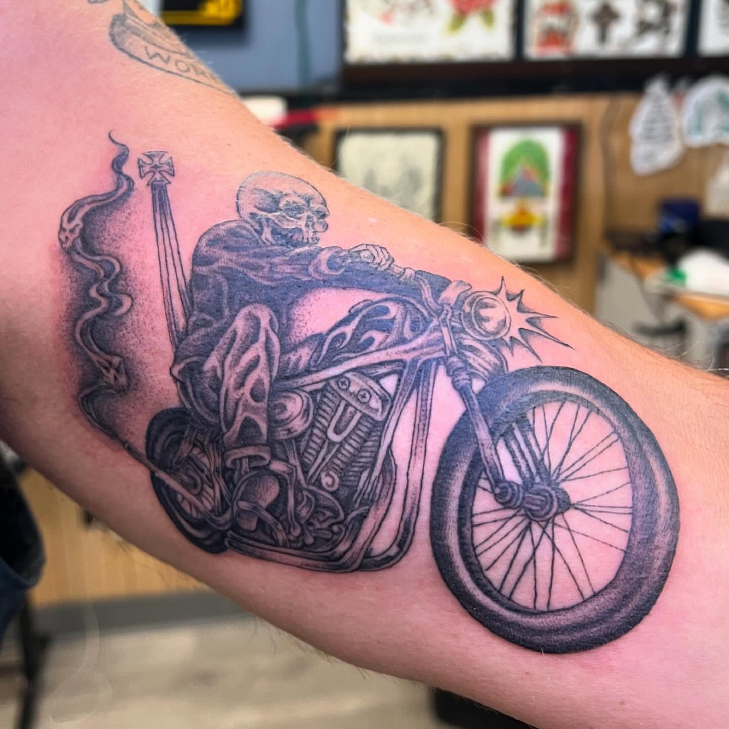 Motorcycle rider realism tattoo on the forearm by ⛓ Emily ⚔️ Milja ⛓