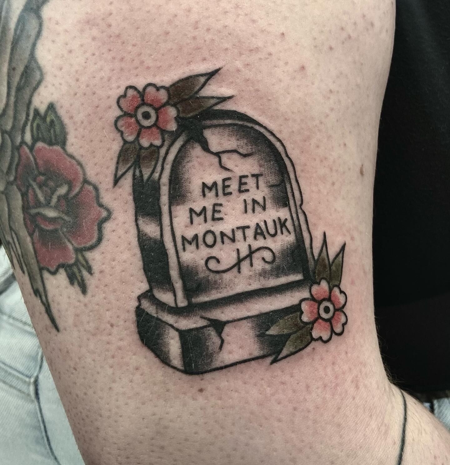 Grave marker black and grey tattoo on the forearm by Luna