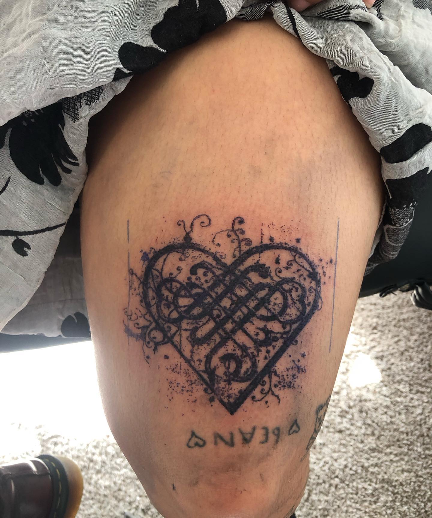 Heart black and grey tattoo on the thigh by @emotionalthugtattoo