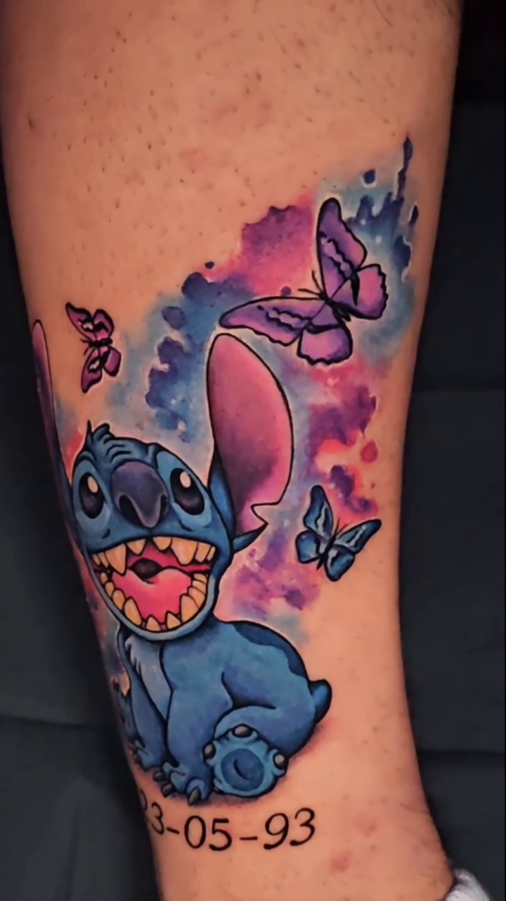 Stitch with butterflies new school tattoo by Dallas Tattoo Artist Erik Espinoza