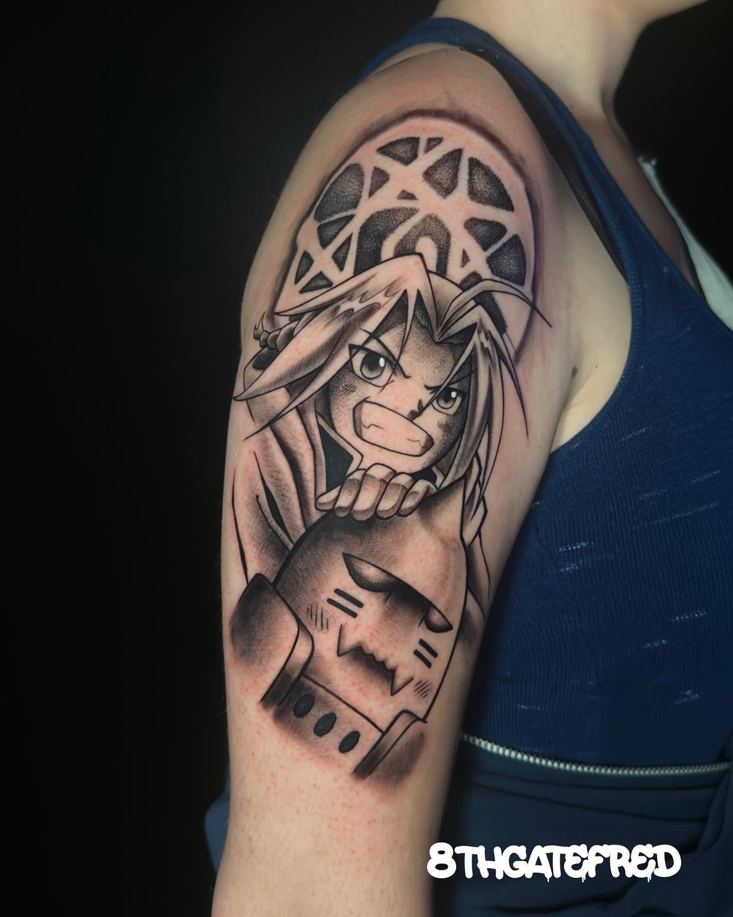 Anime character dotwork tattoo on the shoulder by Alfred
