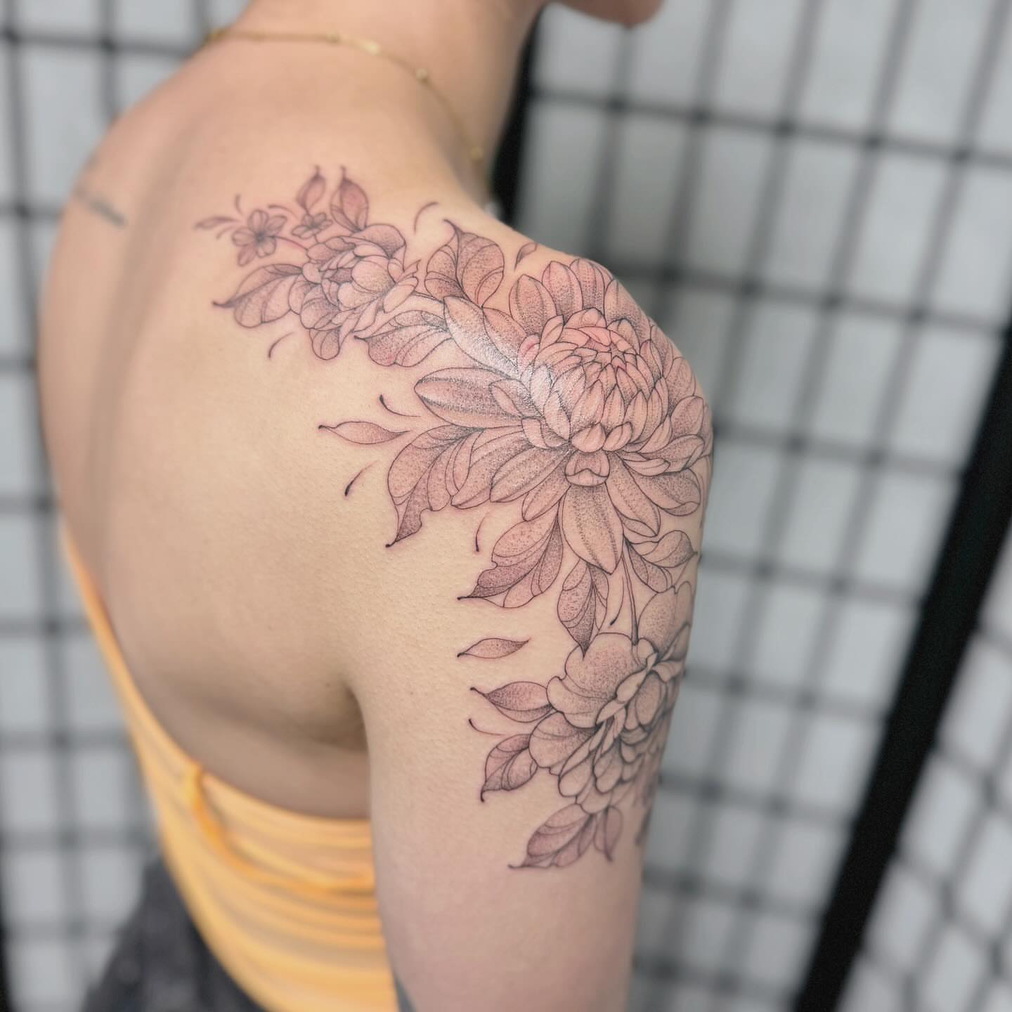 Floral bouquet dotwork tattoo on the shoulder by MillaKas ° Tattoos
