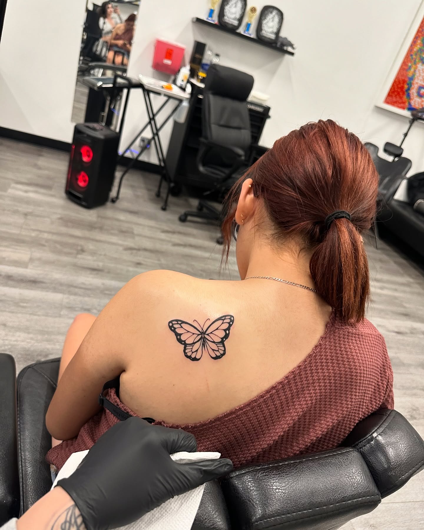 Butterfly black and grey tattoo on the shoulder by Emma Sferdian🇷🇴
