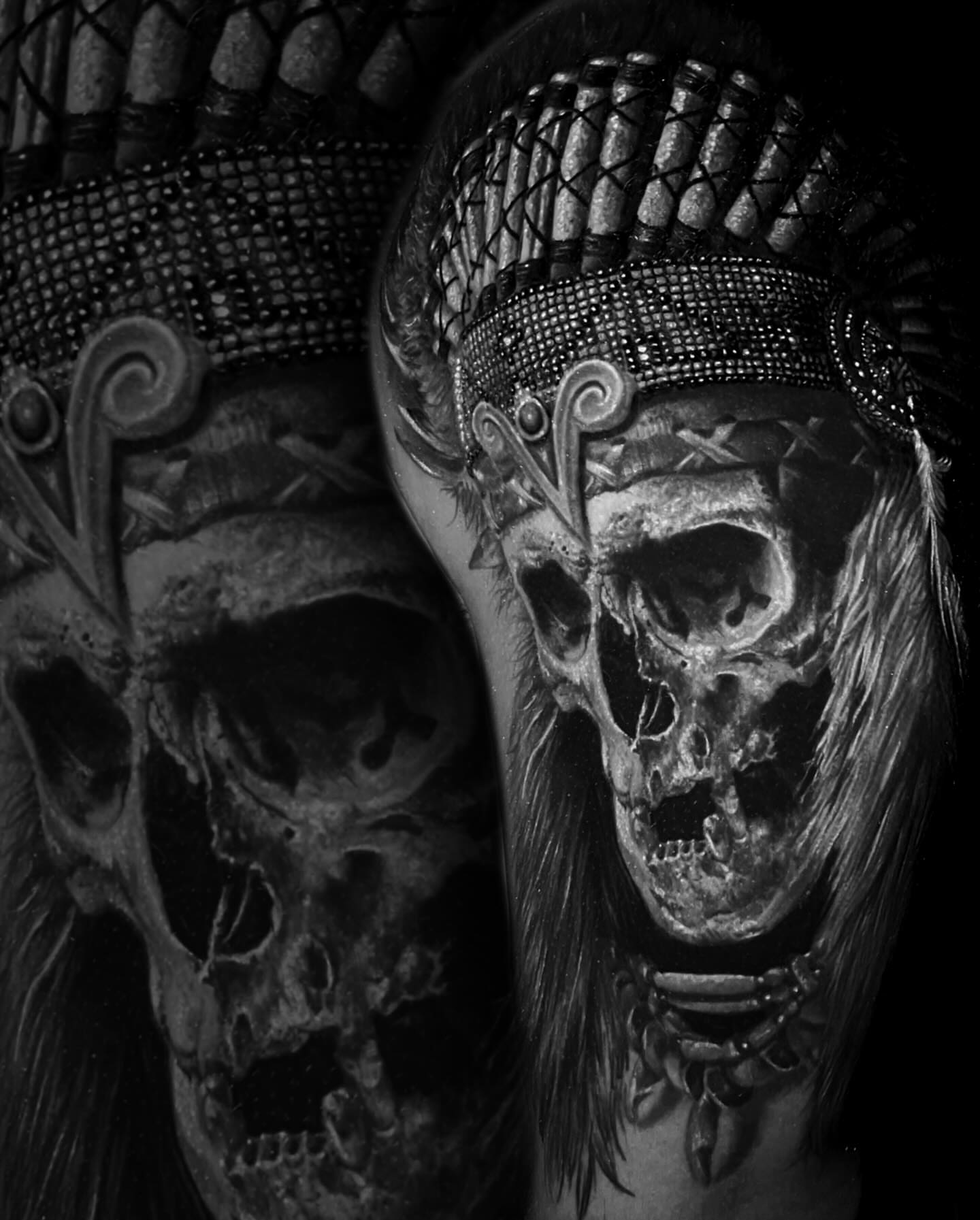 Skull dark realism tattoo on the head by Mike Shultz