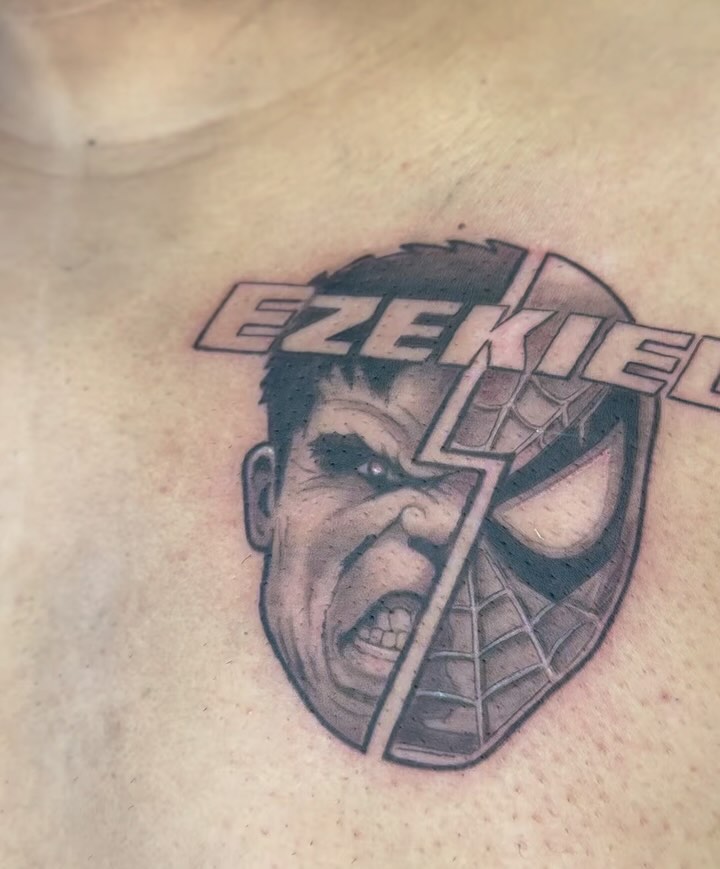 Hulk and Spiderman faces with name realism tattoo on the chest by Allison Vargas