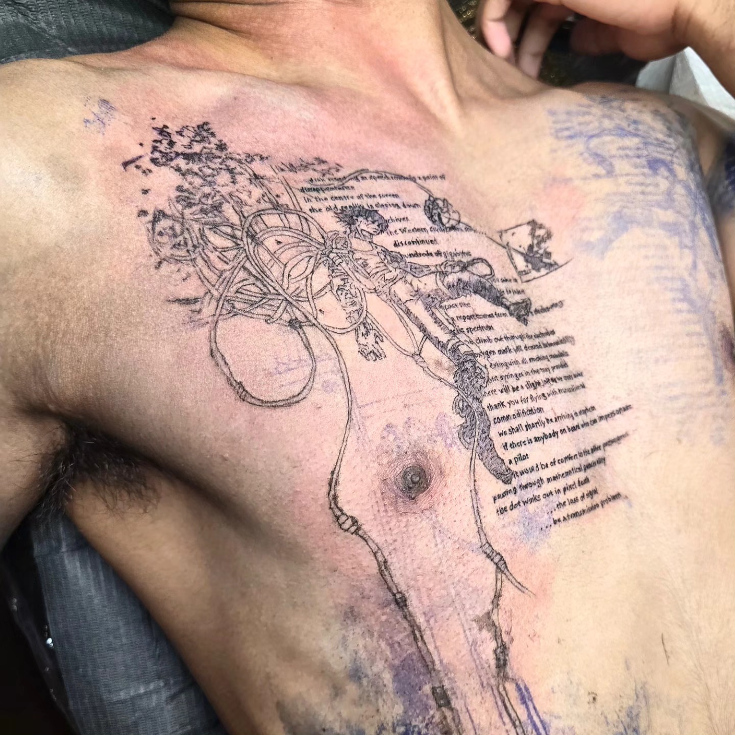 Astronaut and space station illustrative tattoo on the chest by Branded ꪉꪗ Brandon ∴ b.liew ∴ Tattoo ∴ NYC