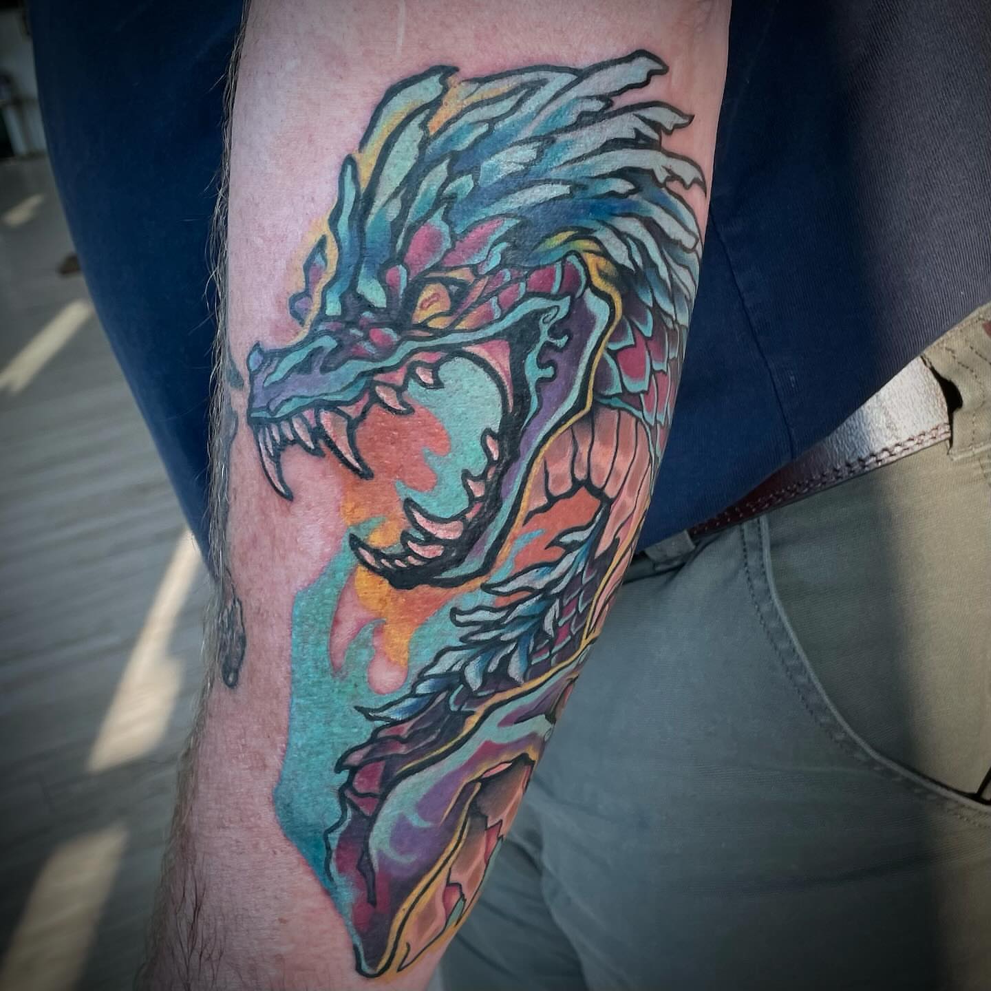 Dragon watercolor tattoo on the forearm by Brianna, Portland, Oregon