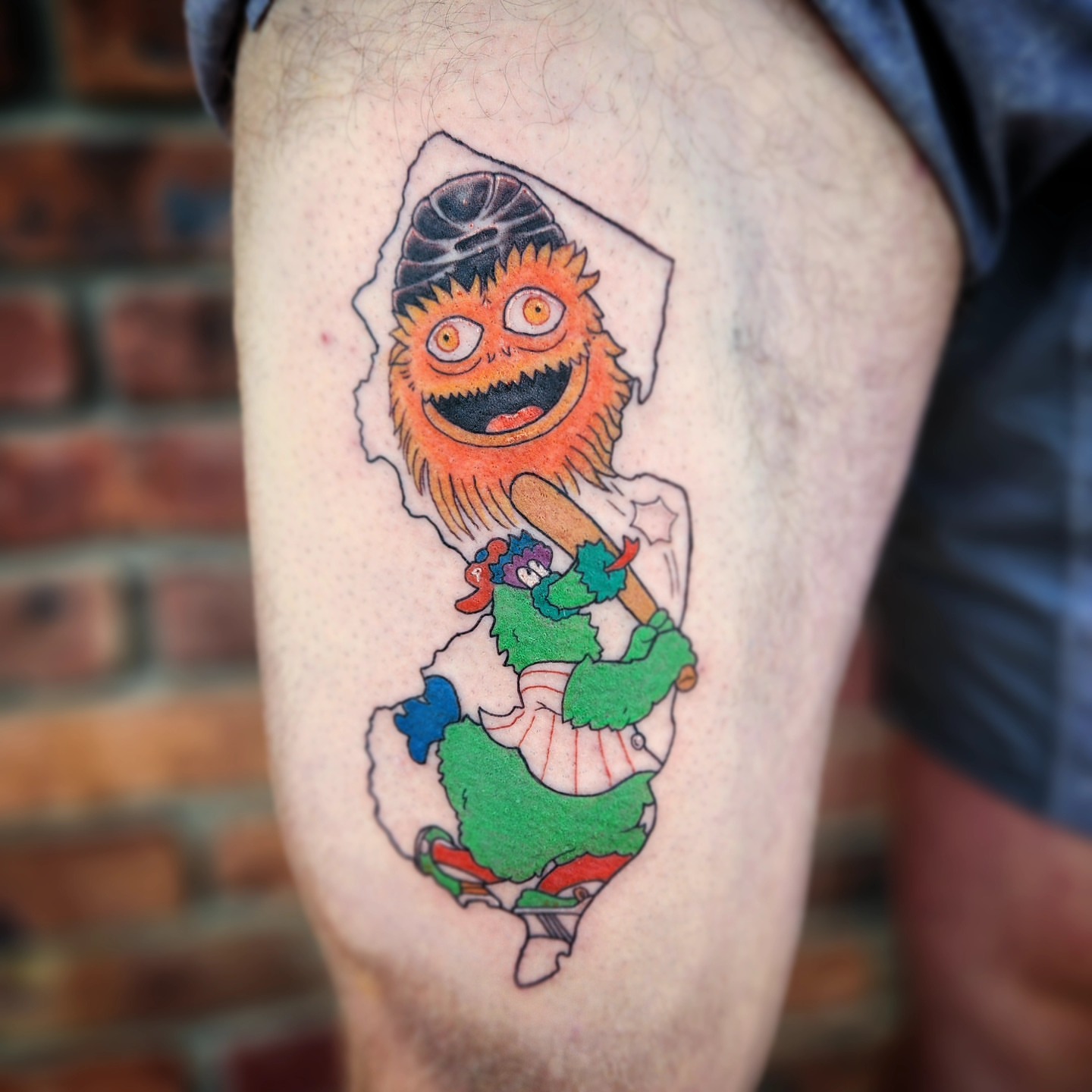 Monster in costume dotwork tattoo on the thigh by Jennalea