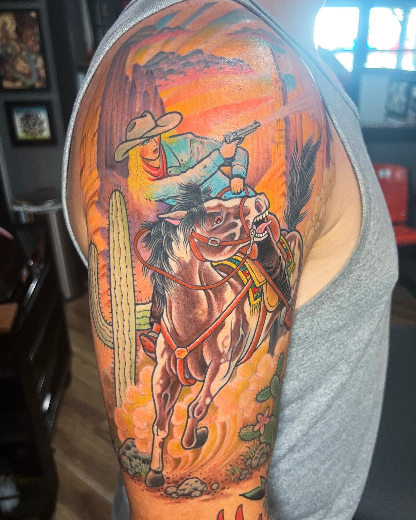 Cowboy riding horse American traditional tattoo on the upper arm by ๐ฎ๐๐๐ ๐ญ๐๐๐