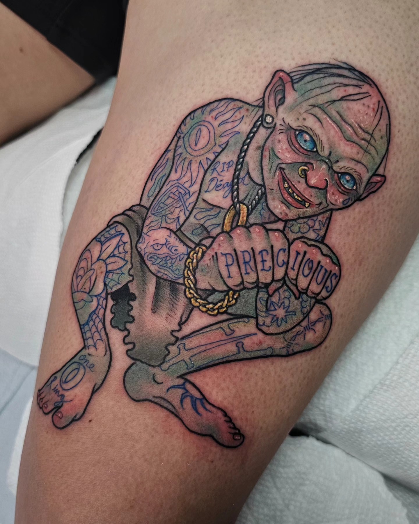 Gollum American traditional tattoo on the thigh by Shannon