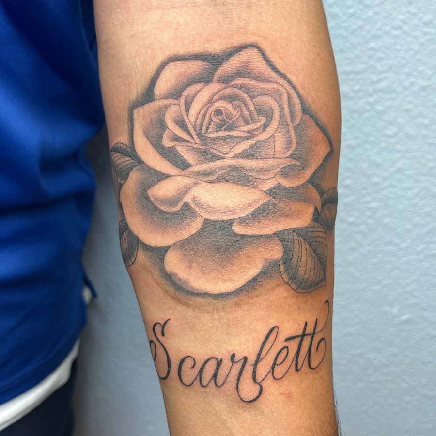 Rose black and grey tattoo on the forearm by Ana Valadez π¦, Ventura, California