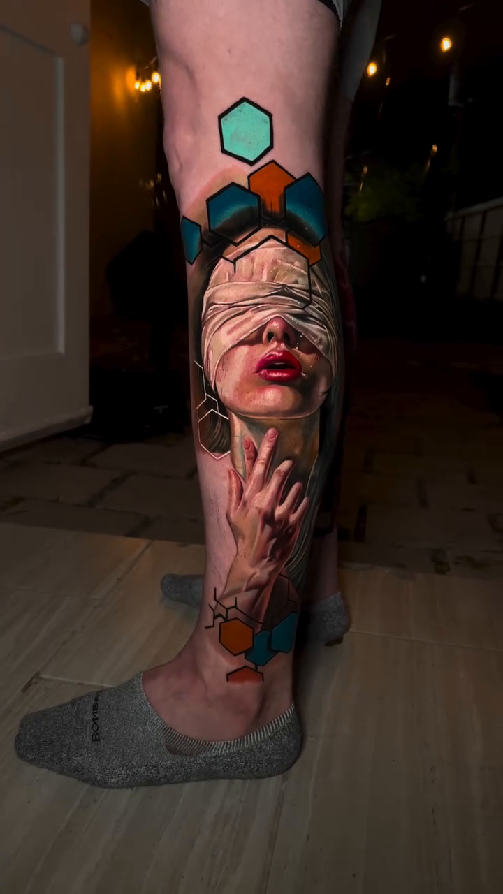 Blindfolded woman with outstretched hand realism tattoo by Guillermo Columbie, Houston, Texas