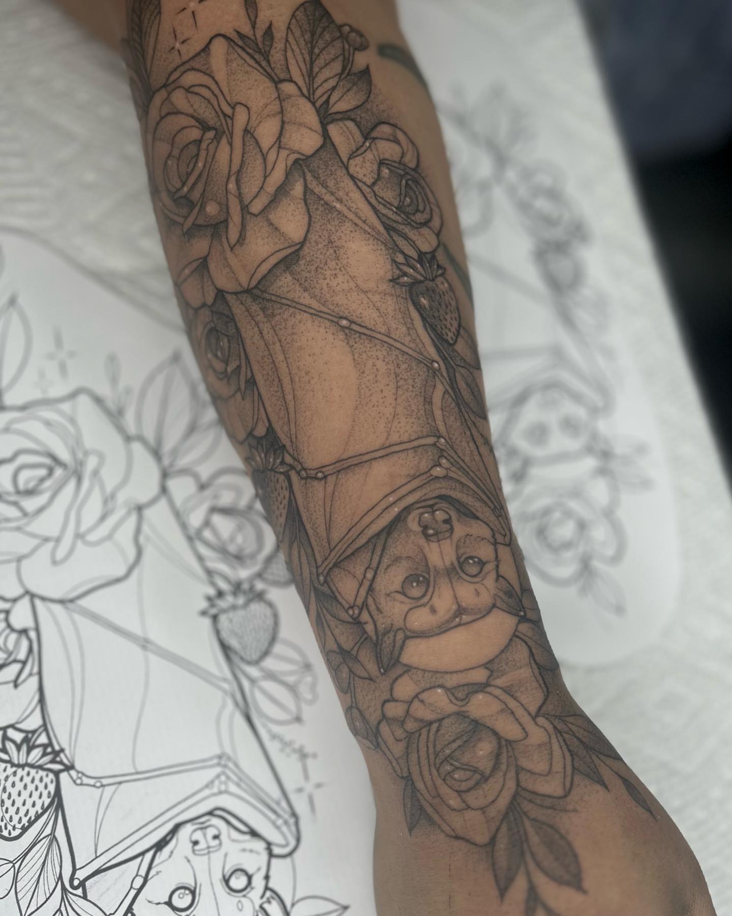 Horse and roses dotwork tattoo on the forearm by Devon Lovely
