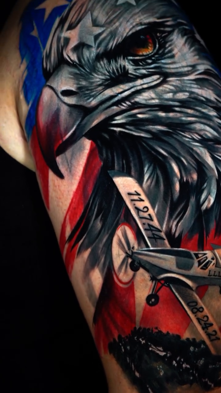Eagle with American flag and airplane realism tattoo by Andres García Baeza
