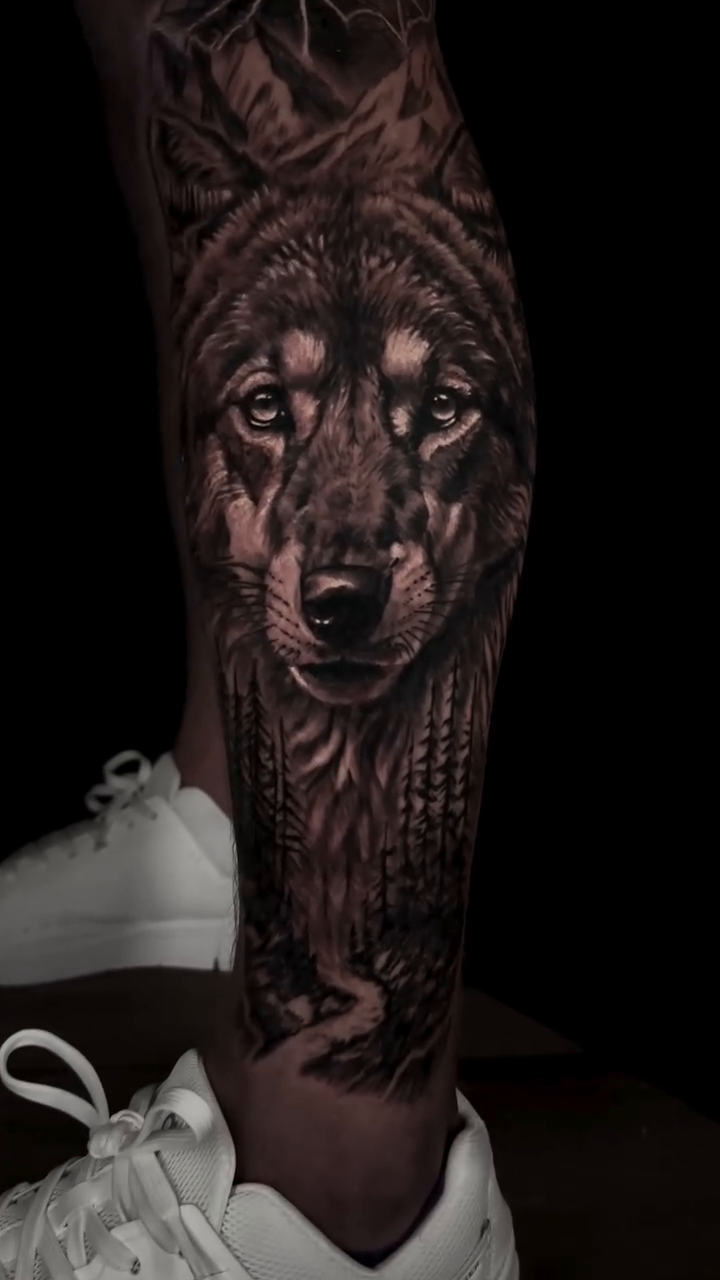 Wolf and forest realism tattoo by Cory James