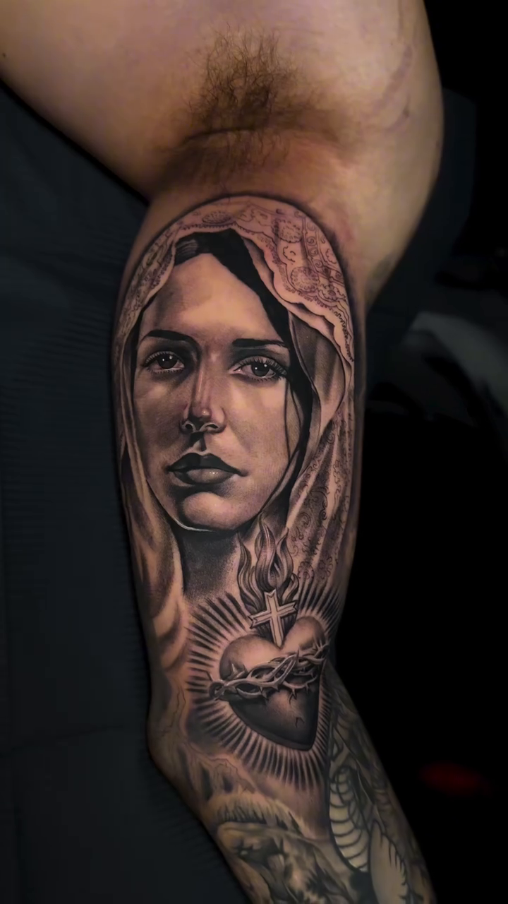 Virgin Mary and Sacred Heart realism tattoo by Brayan Molina
