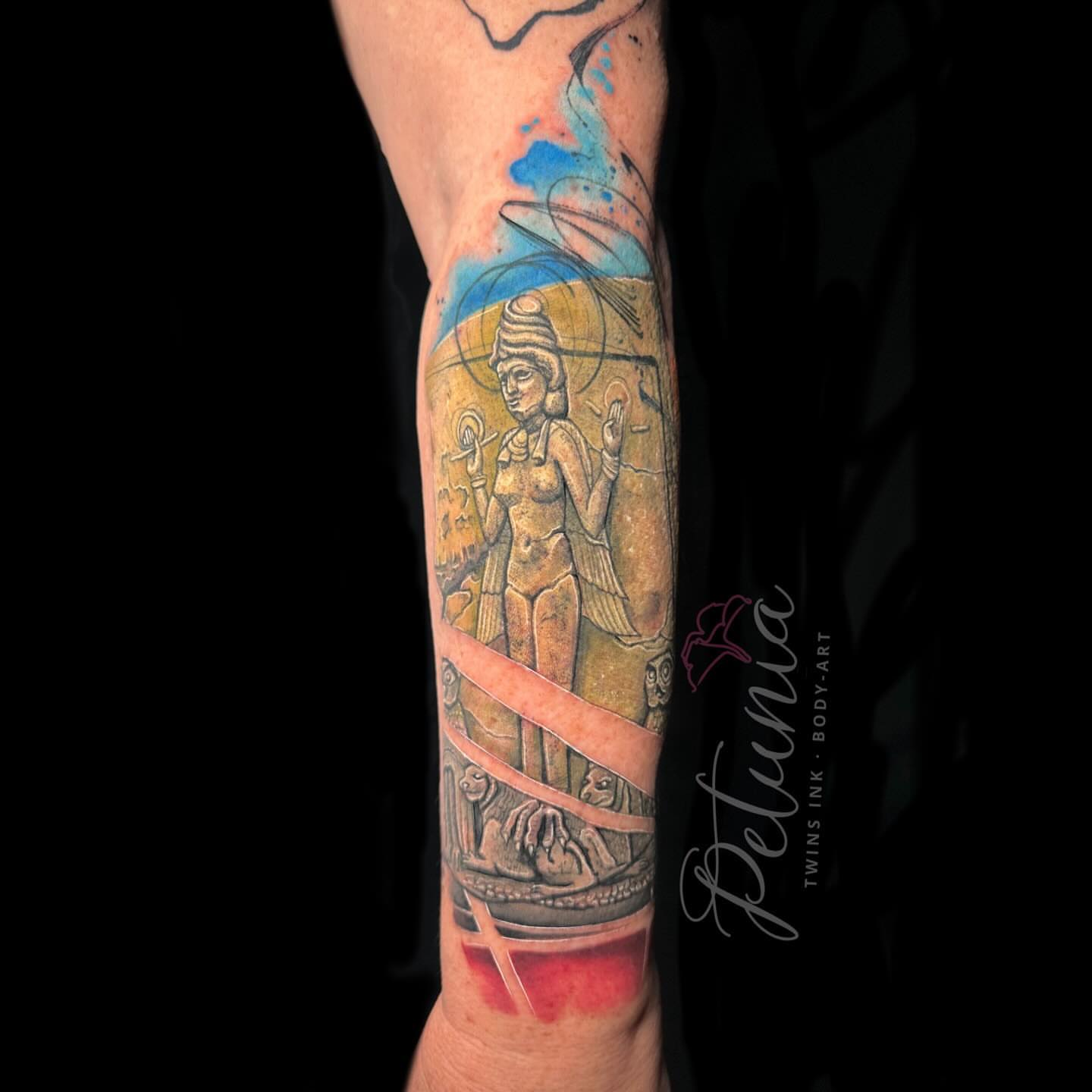 Ancient Egyptian deity dotwork tattoo on the forearm by Alena Petunia