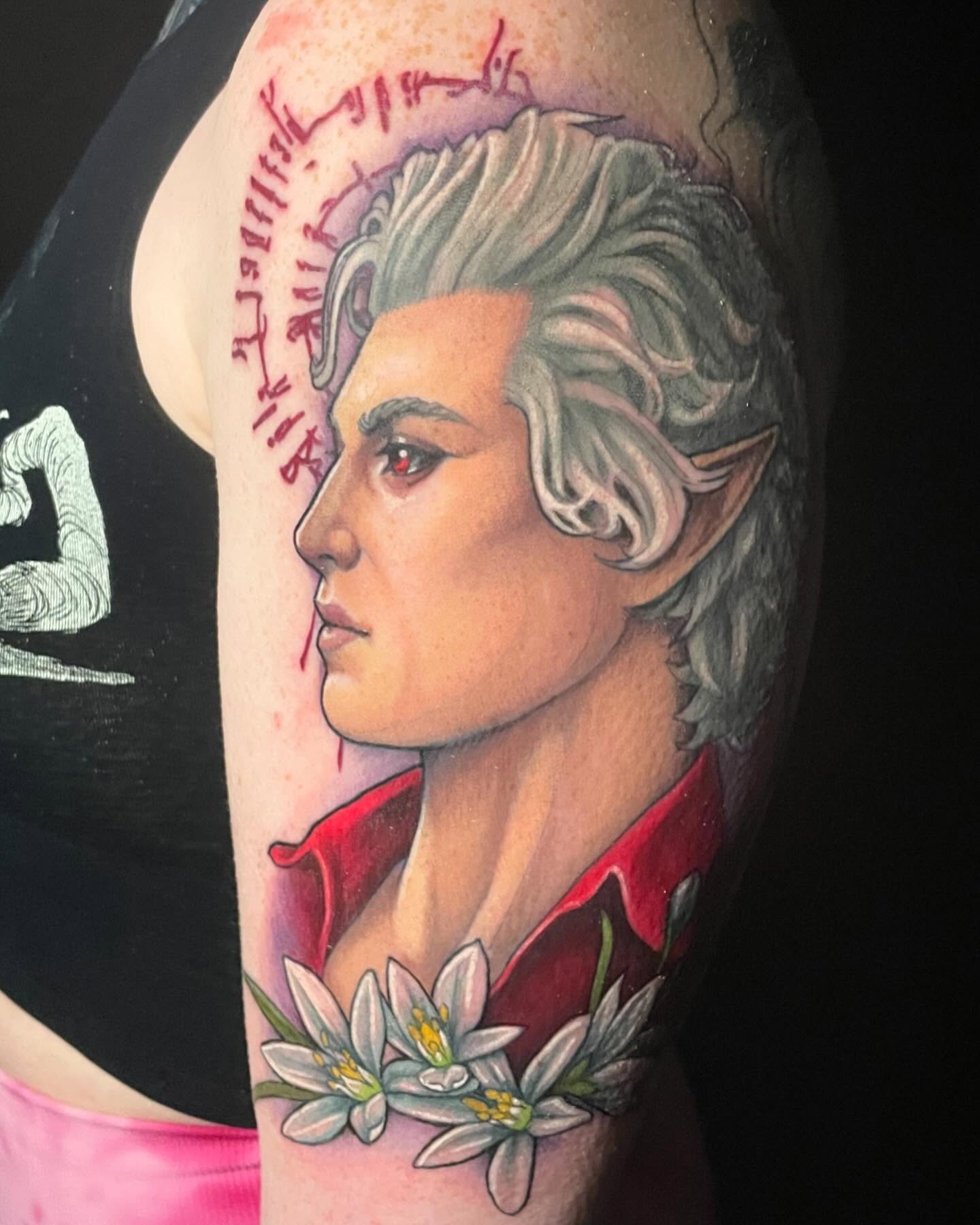 Elf portrait realism tattoo on the shoulder by Leah Marie, Cincinnati