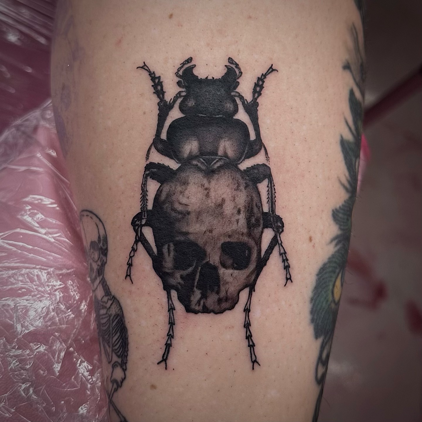 Scarab beetle realism tattoo on the thigh by Emily‹𝟹
