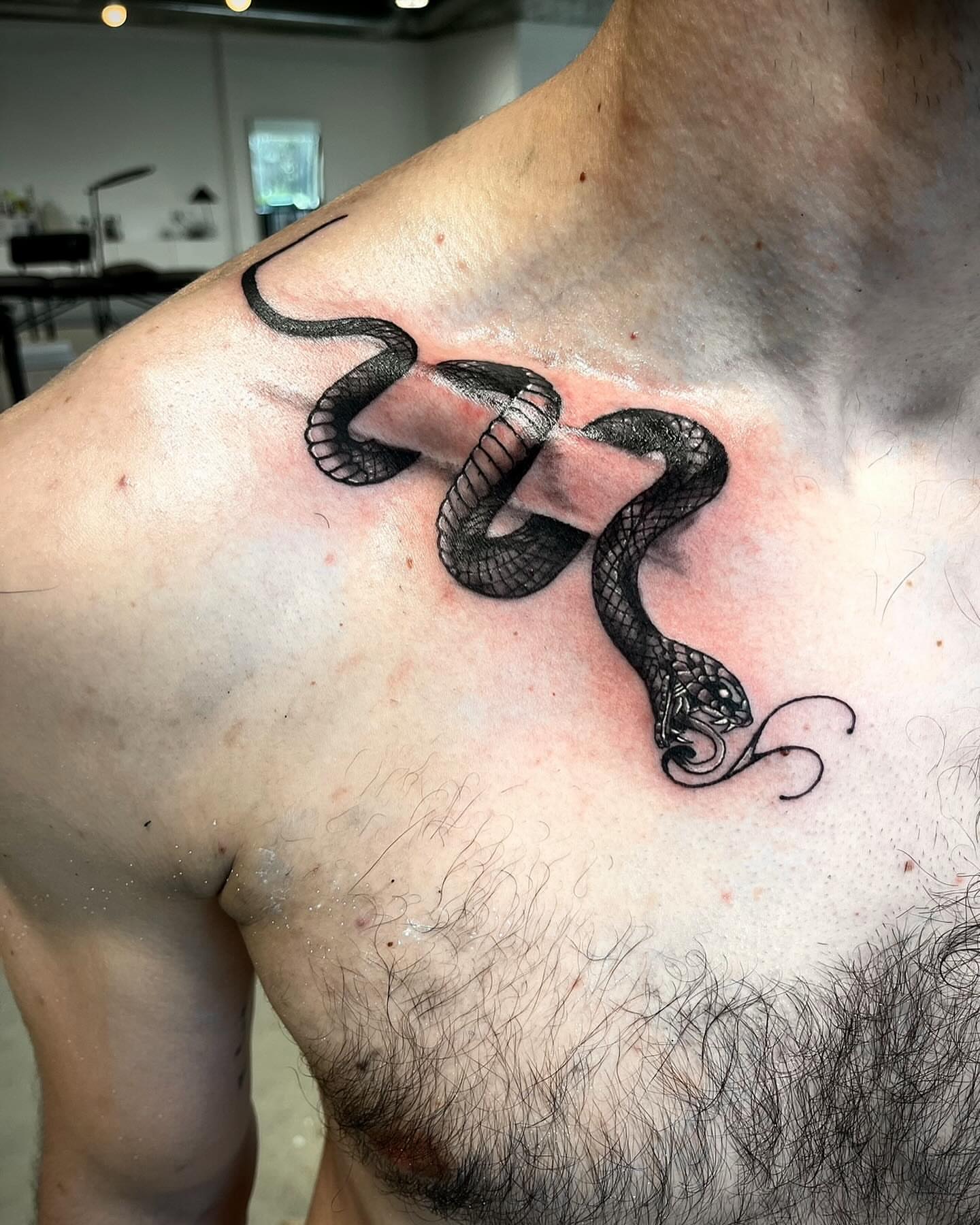 Snake realism tattoo on the chest by Deville Pinson