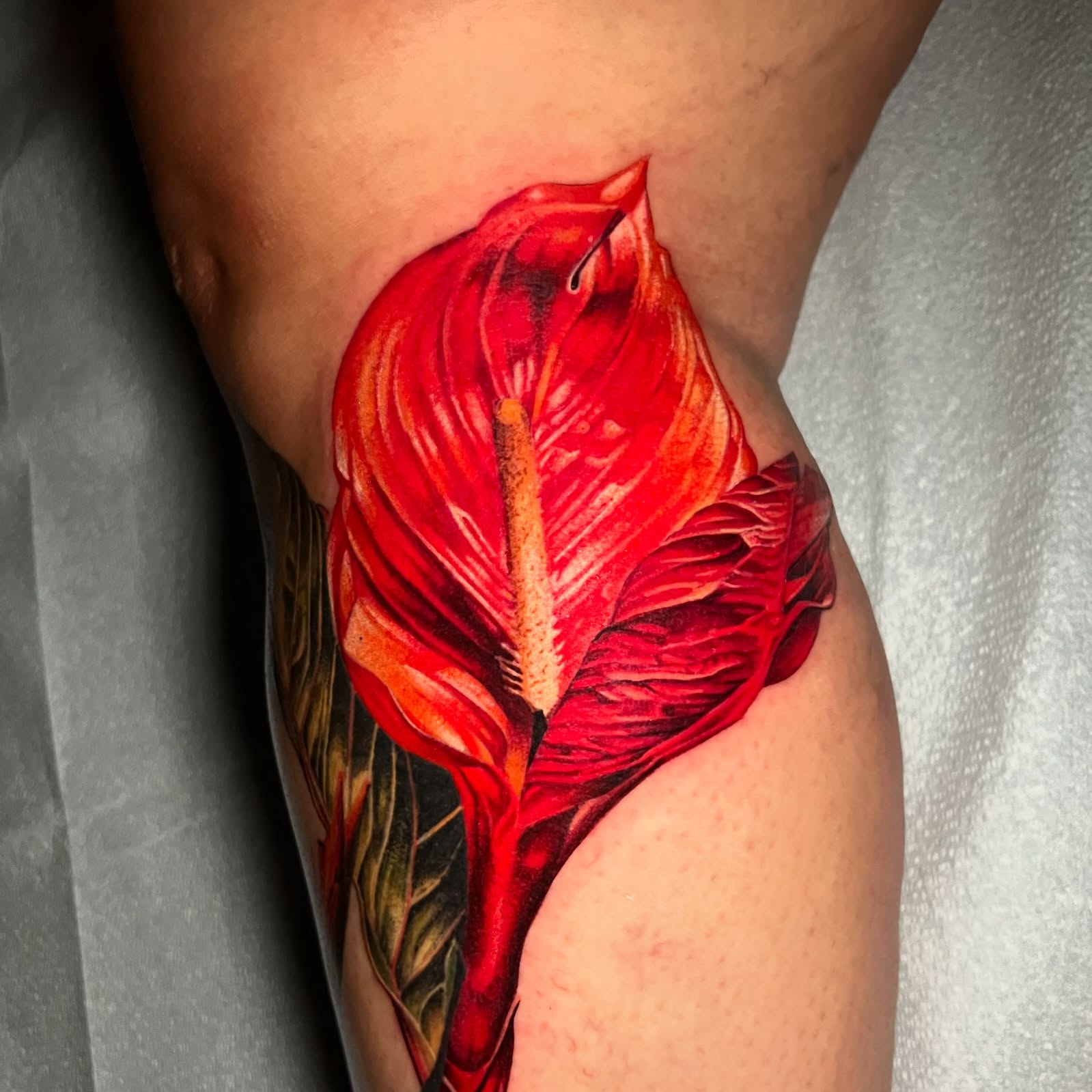 Red anthurium realism tattoo on the thigh by Irina Shapiro, Somerville, Massachusetts