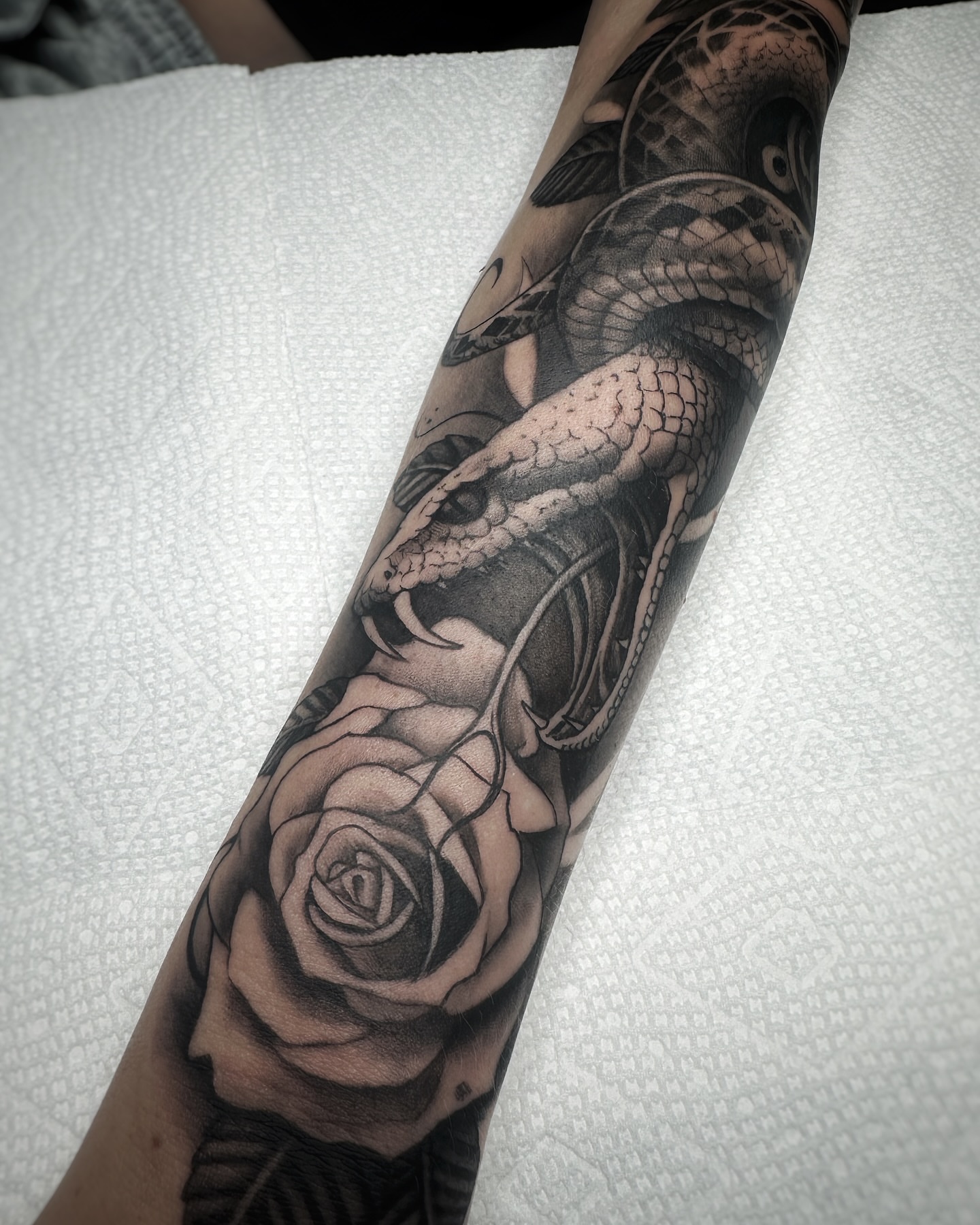 Snake and rose realism tattoo on the forearm by David Gray