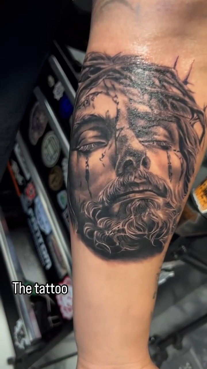 Jesus Christ portrait realism tattoo by Tattoos By Kique