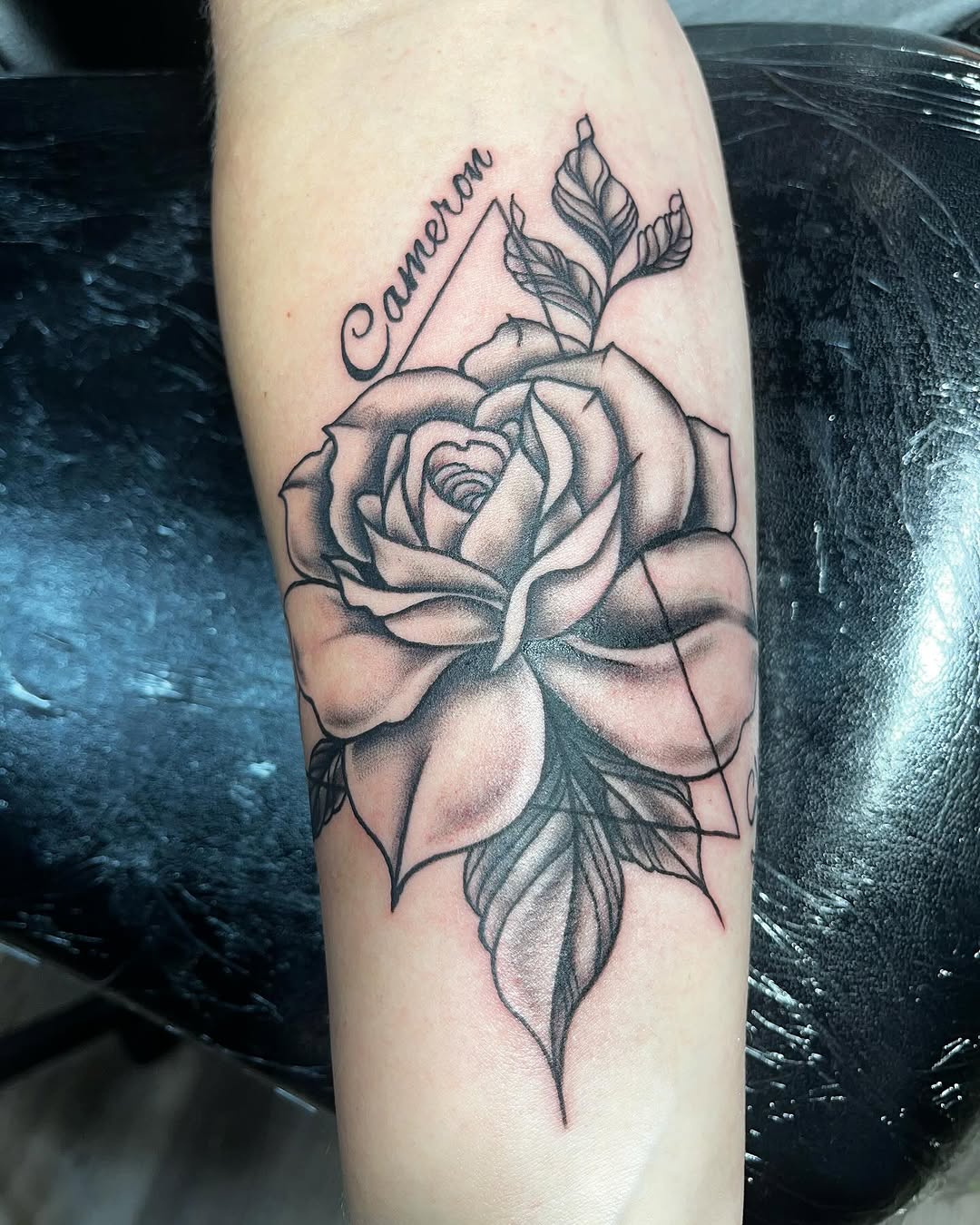 Tattoo by @gauge.creations — black_and_grey, lettering_script