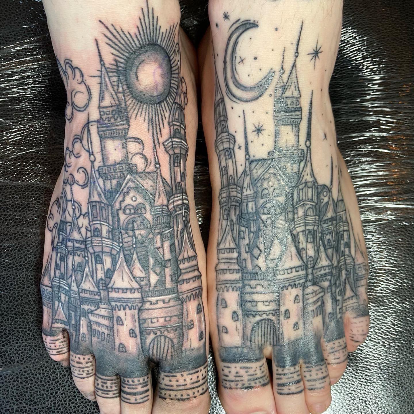Castle black and grey tattoo on the foot by Madeline, Akron, Ohio