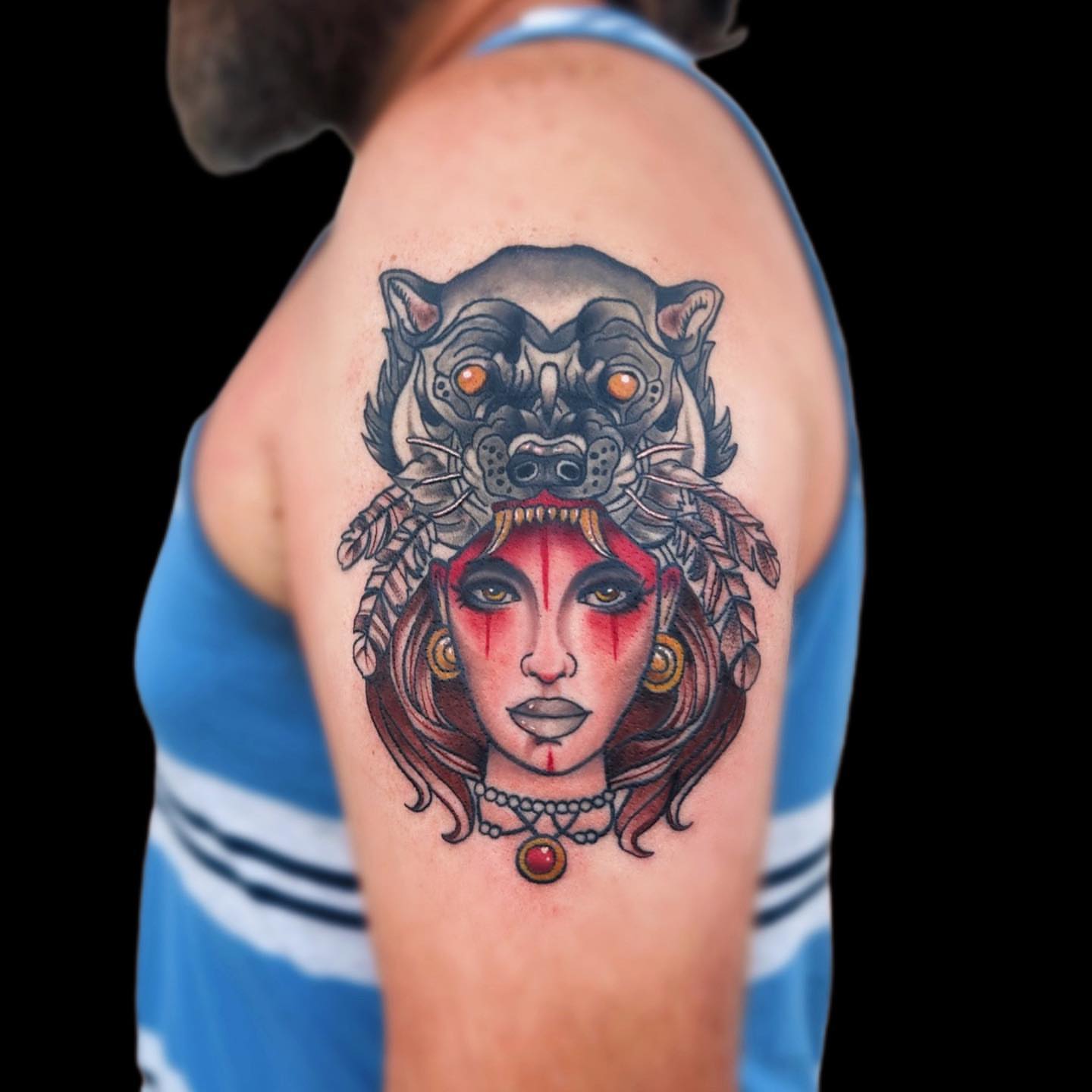 Woman with tiger headdress American traditional tattoo on the shoulder by โงโ โฑ โพ ๐ณ๐๐๐๐๐ โฆ โฑ โโง