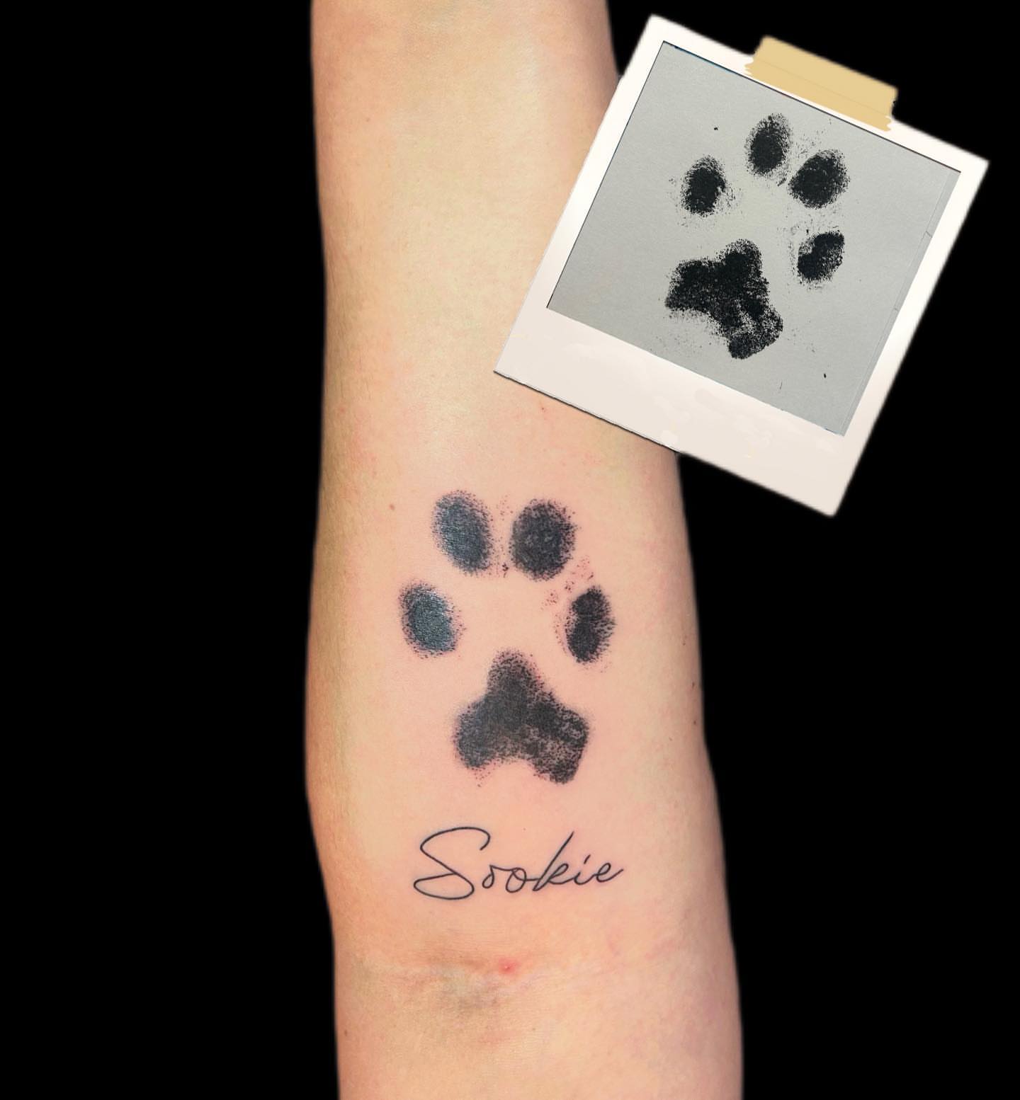 Paw print black and grey tattoo on the forearm by โงโ โฑ โพ ๐ณ๐๐๐๐๐ โฆ โฑ โโง