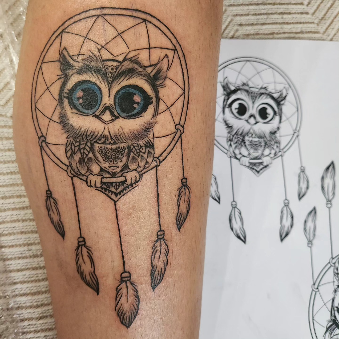 Owl in dreamcatcher black and grey tattoo on the forearm by Sonia