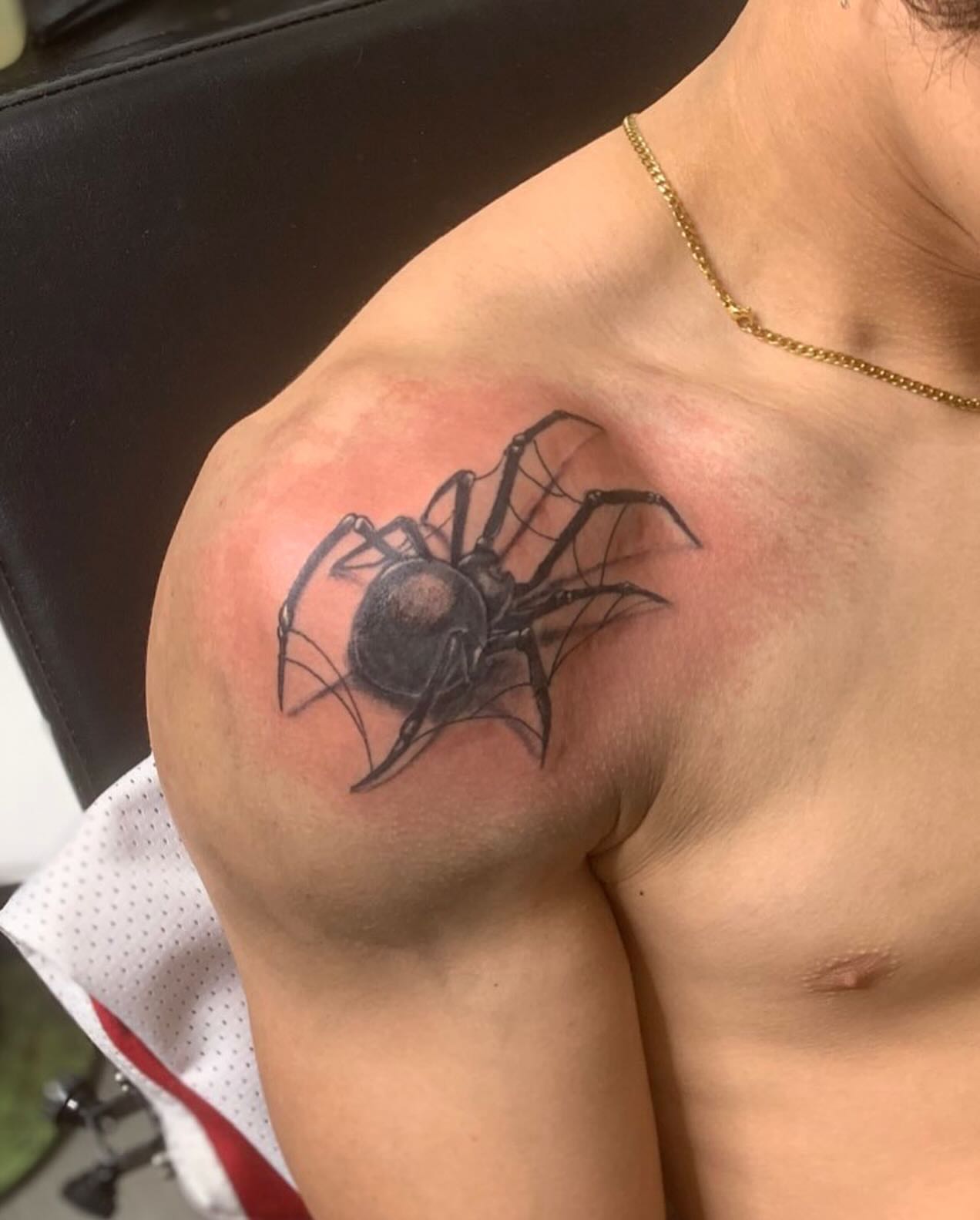 Spider black and grey tattoo on the chest by Azaan (Zanye), Birmingham, Alabama