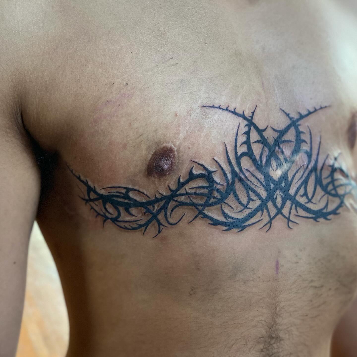 Thorns tribal tattoo on the chest by Maddy ⁂, Murfreesboro, Tennessee