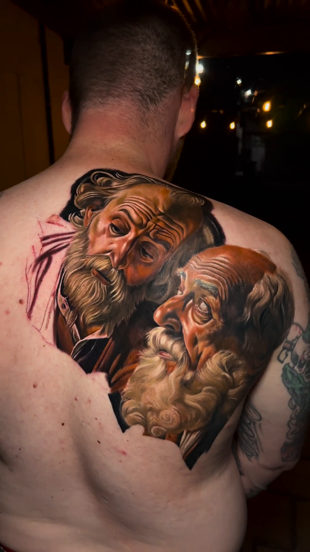 Two old men portraits realism tattoo by Guillermo Columbie, Houston, Texas
