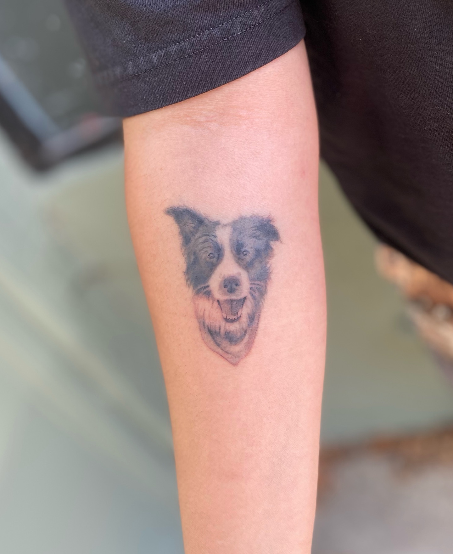 Dog realism tattoo on the forearm by Truett Payton