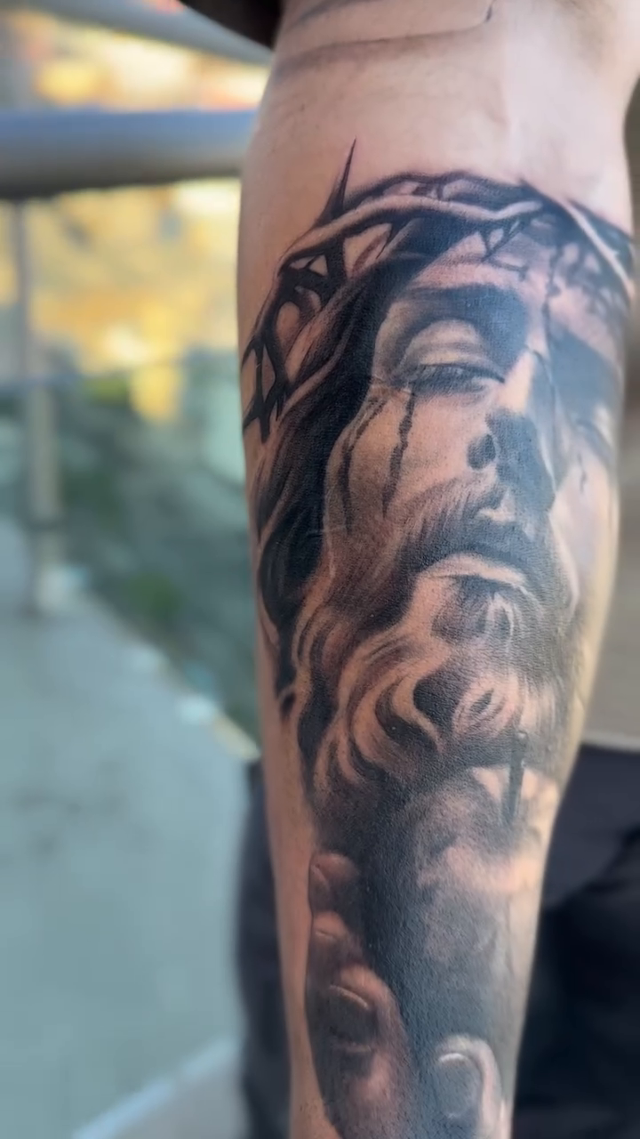 Jesus Christ portrait realism tattoo by Jason Martinez