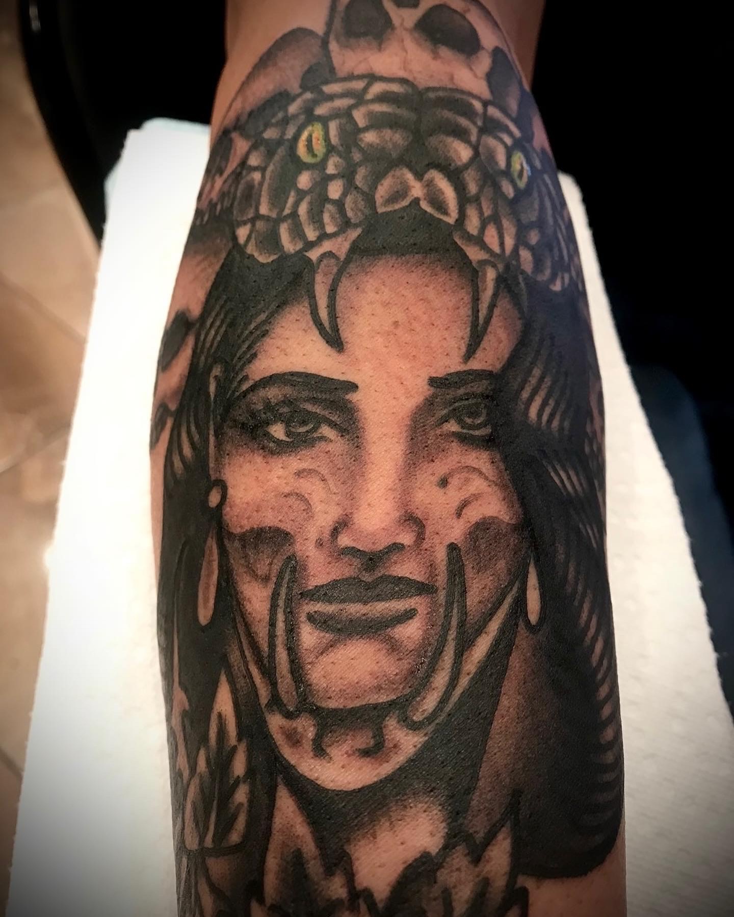 Indian chief American traditional tattoo on the forearm by Brian Hutflies