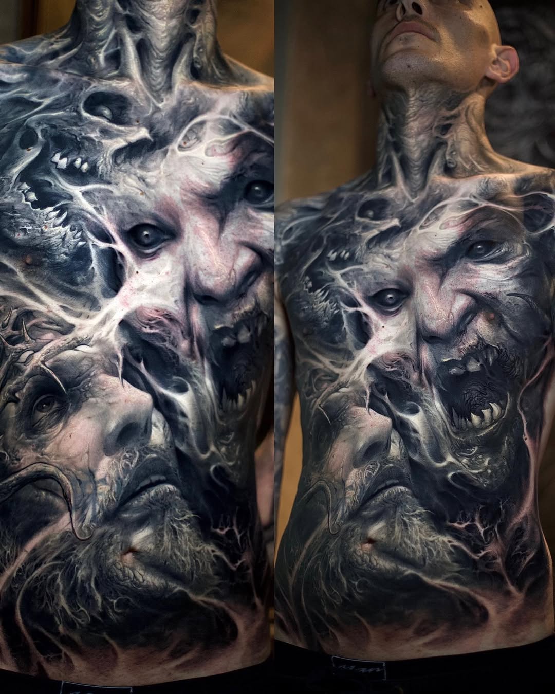 Horror faces and figures realism tattoo on the torso by David Jorquera