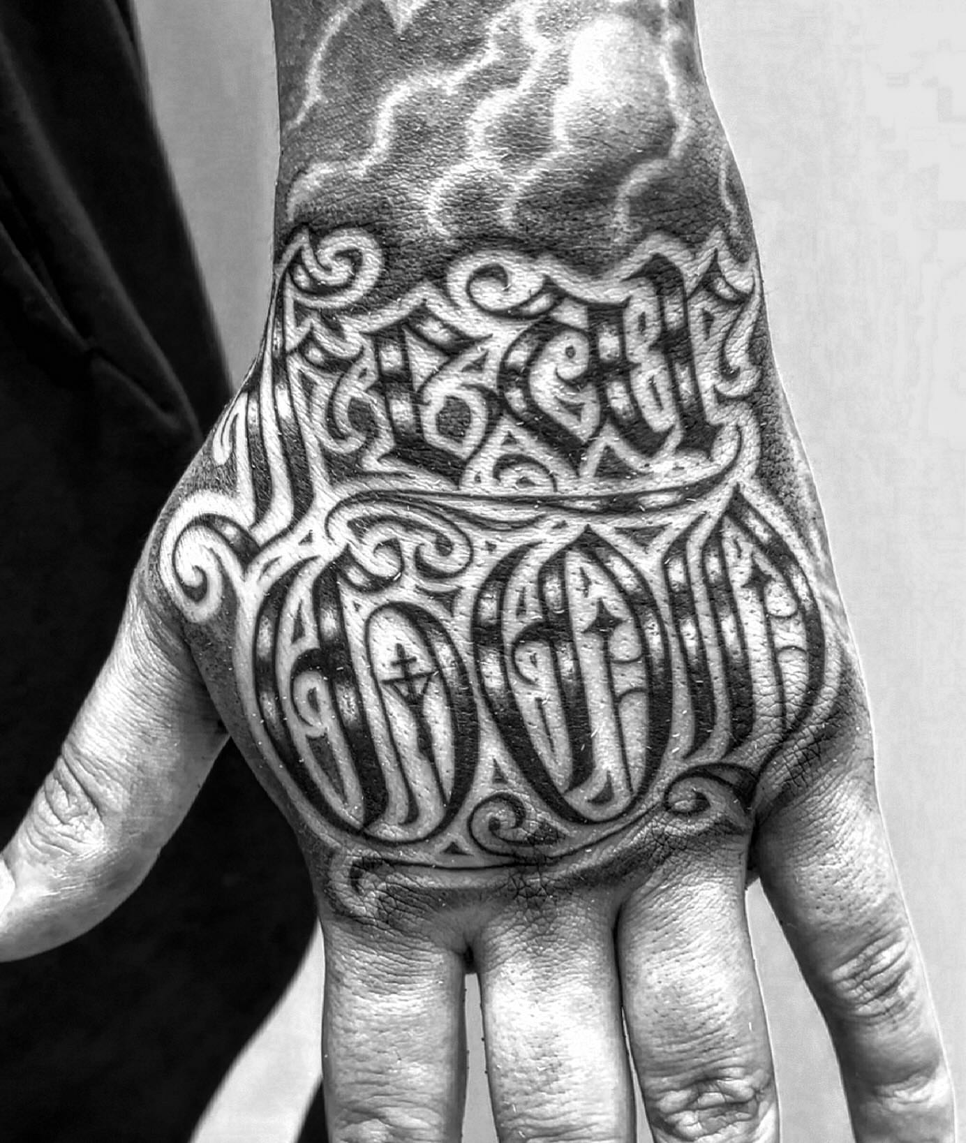 Script lettering lettering script tattoo on the hand by F e A R