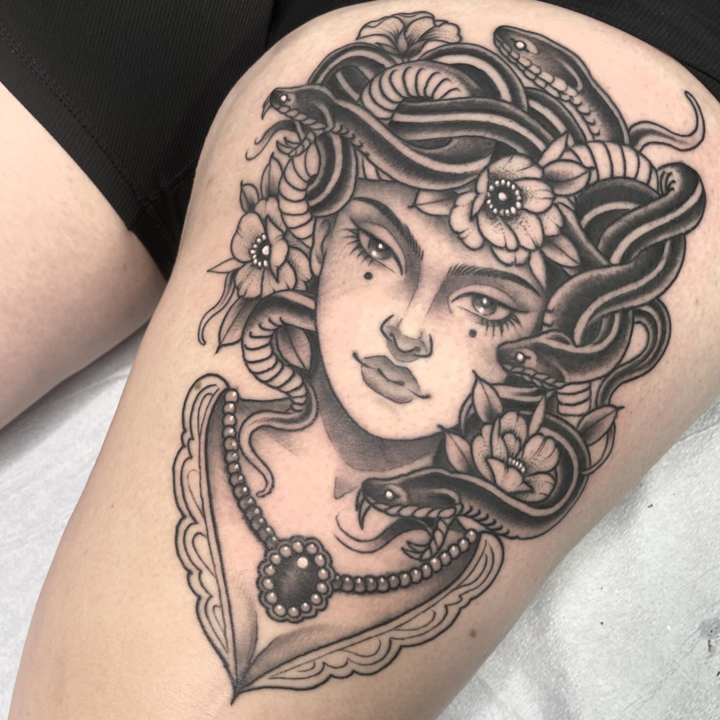 Medusa neo-traditional tattoo on the thigh by Amanda Marie, Edmonds, Washington
