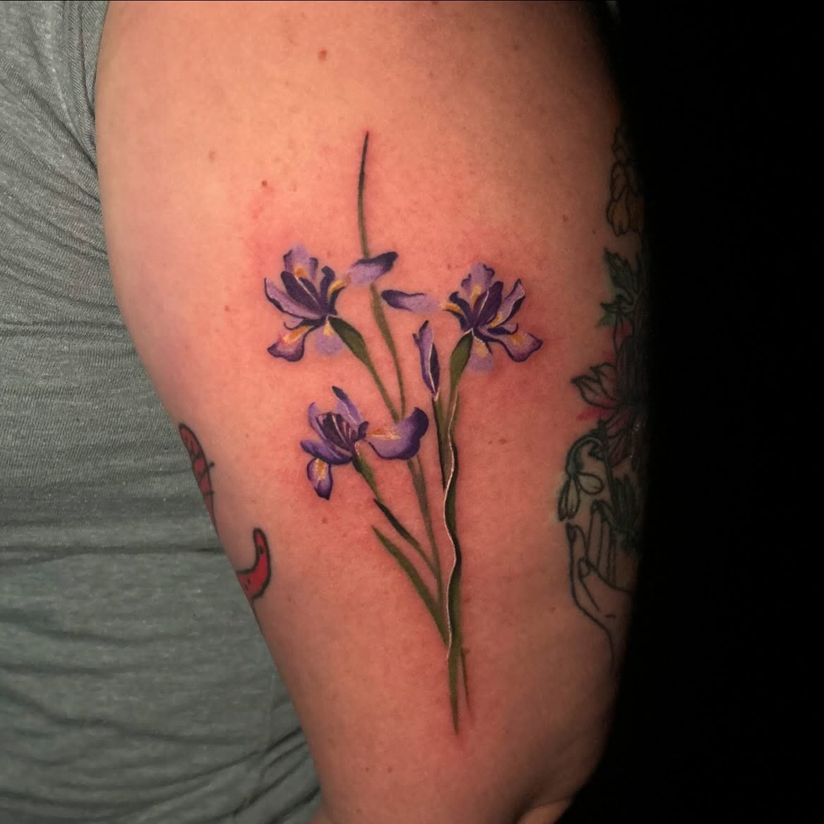 Iris flowers watercolor tattoo on the forearm by Brooke, Kansas City, Missouri