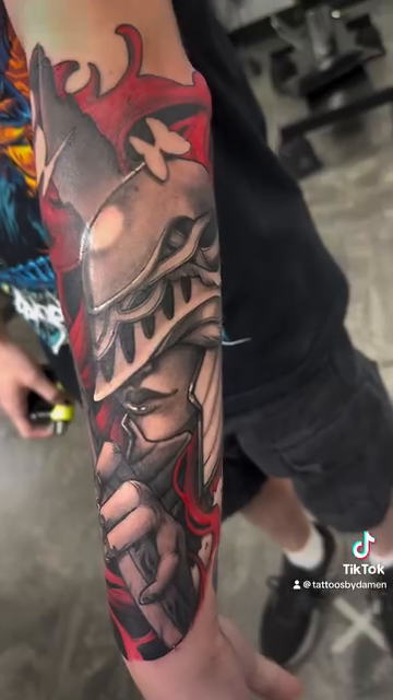 Samurai helmet and sword neo-traditional tattoo by ✥ Daemon Downing ✥ Kansas Tattoo Artist ✥, Wichita, Kansas