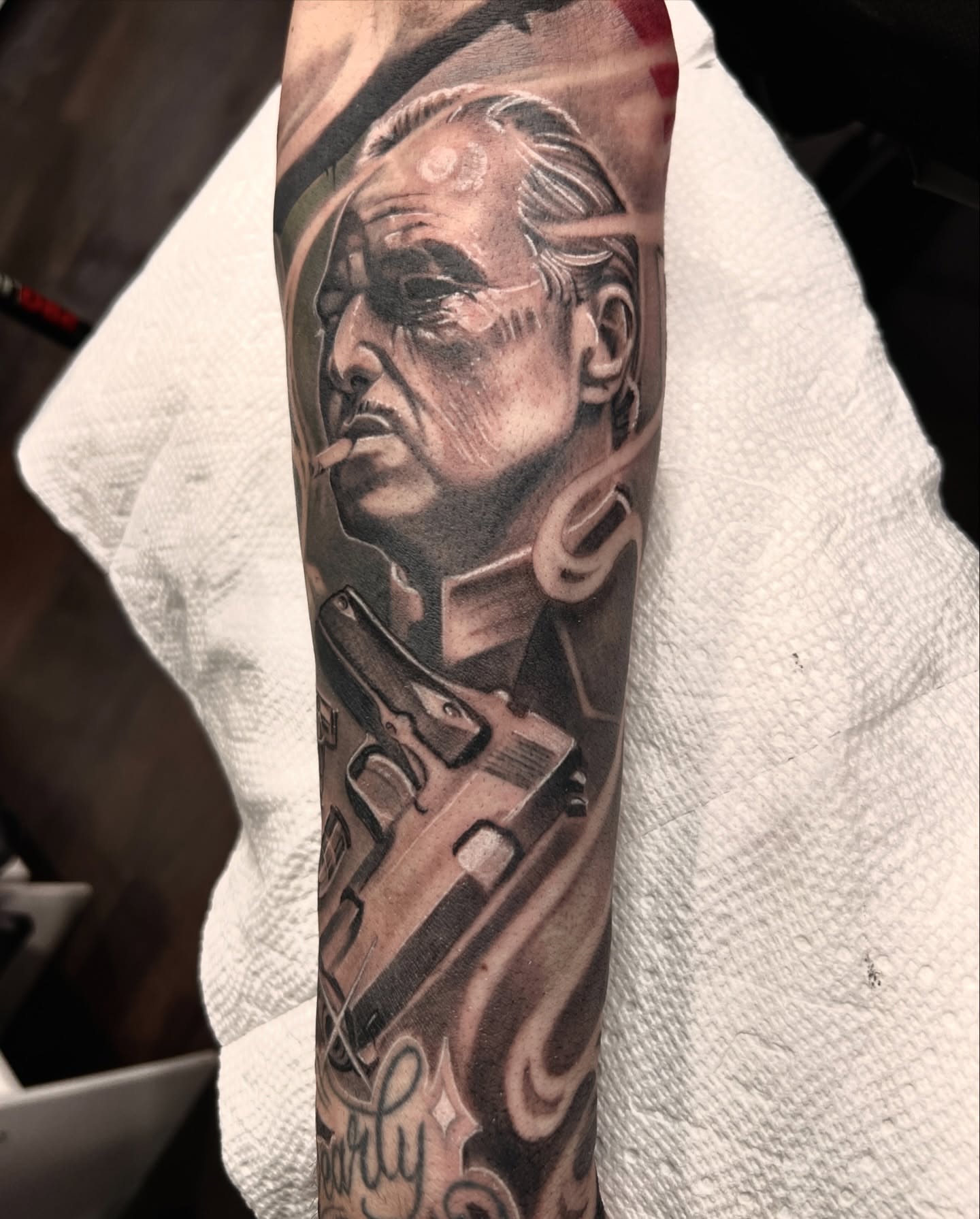 Don vito corleone realism tattoo on the forearm by ๐ฝ๐๐๐๐๐๐๐ ๐ถ๐๐๐