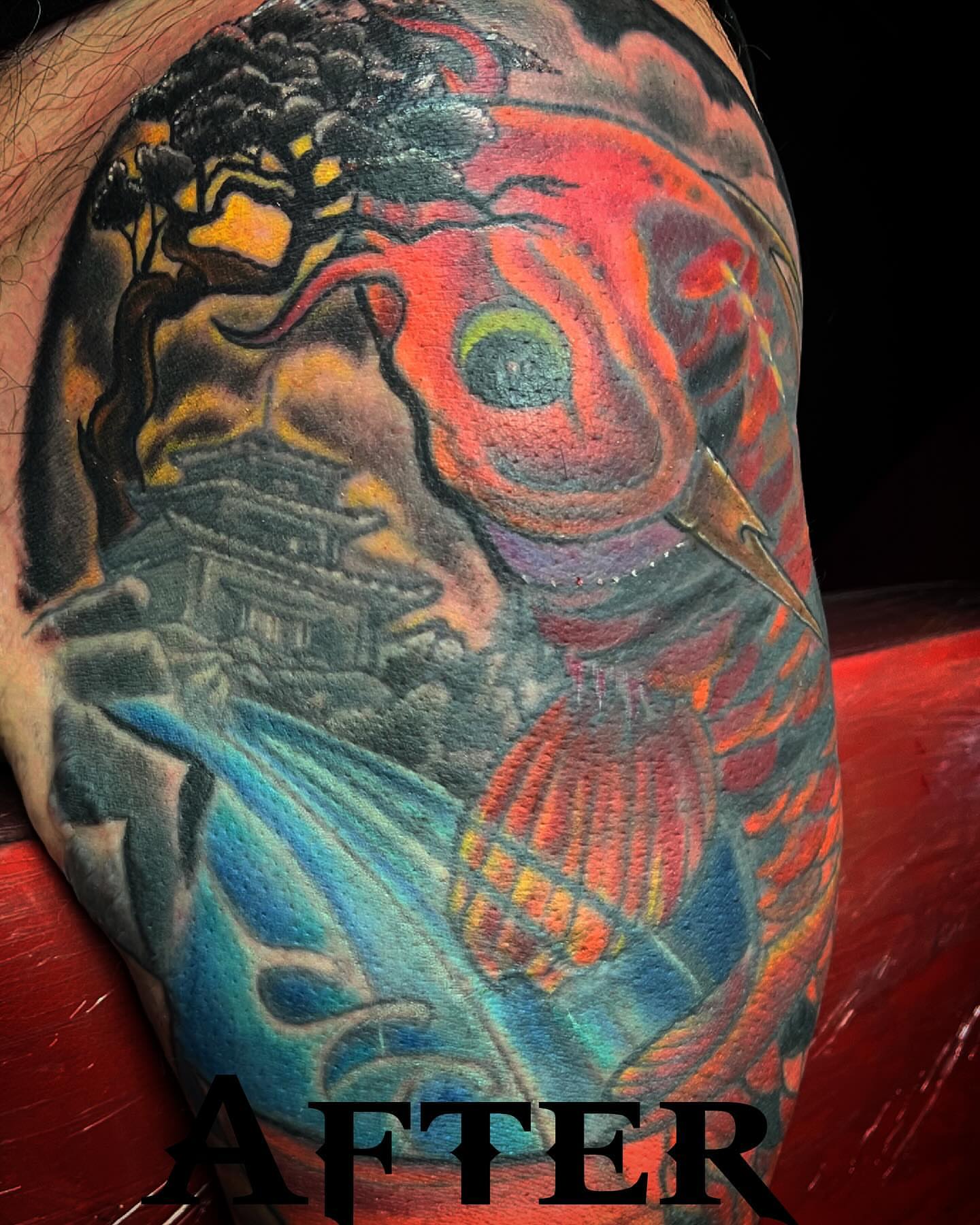 Bird and landscape japanese irezumi tattoo on the forearm by Bobby Glennon