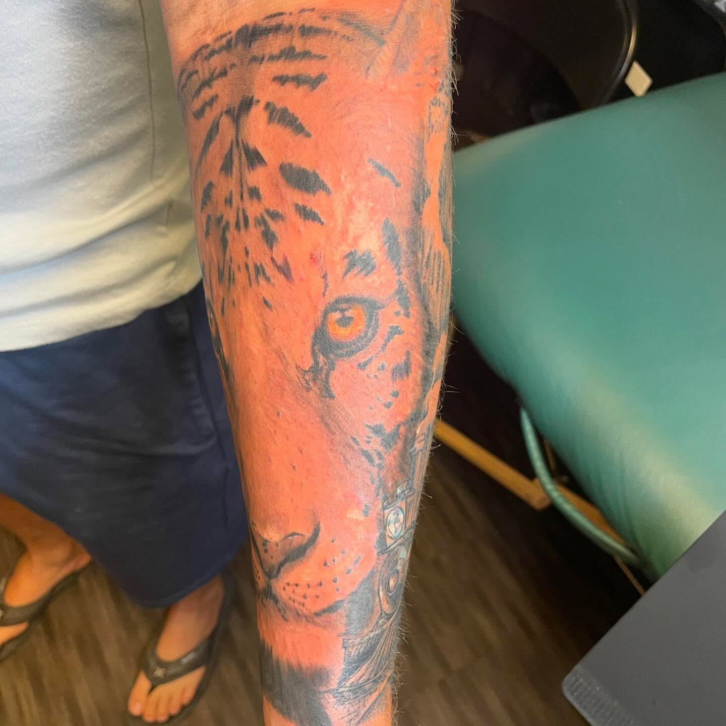 Tiger realism tattoo on the forearm by Evan
